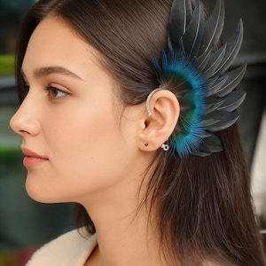 Fairy wings Feather earrings-featival wear halloween costume- Elf Ear Jewelry-  Fairy Ear Cuff-black angel wings-gift for her