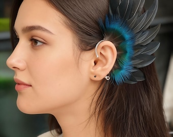 Pendientes de plumas negras con alas, pendientes de plumas, pendientes de elfo, pendientes de hada, pendientes de fantasía, pendientes de Halloween, pendientes azules.