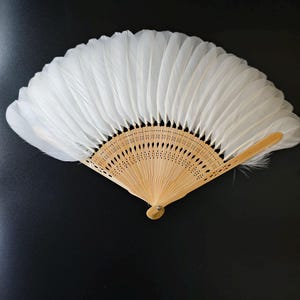 May include: A white feather fan with a light brown wooden handle. The fan is open, displaying numerous white feathers attached to a decorative wooden frame. The fan is set against a black background.