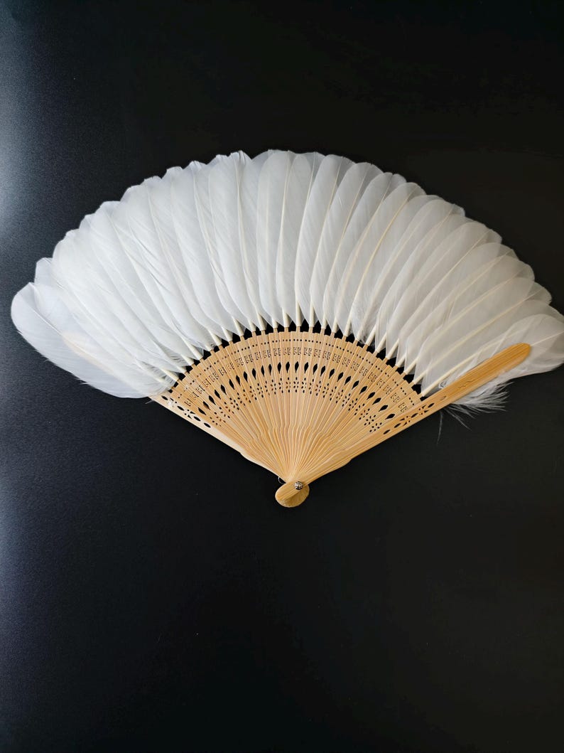 May include: A white feather fan with a light brown wooden handle. The fan is open, displaying numerous white feathers attached to a decorative wooden frame. The fan is set against a black background.
