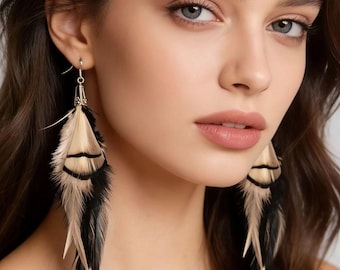 Black and white chicken feathers earring with silver hook, party Earrings ,silver Earring: Handmade Boho Style Emu & Rooster Feather Jewelry