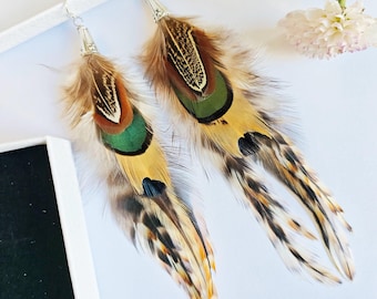 Feather earrings for women with silver hook- featival wear-- Handmade Boho Style Emu & Rooster Feather Jewelry-gift for her