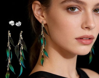 Feather earring , Wedding Earrings Earrings , Silver Earrings: Handmade Boho Style Emu & Rooster Feather Jewelry, gift for her