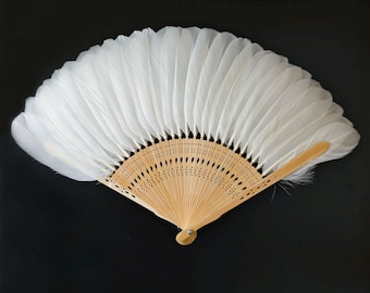 White goose feather fan : Bamboo Folding Fan,Wedding Hand Fan，gift for her