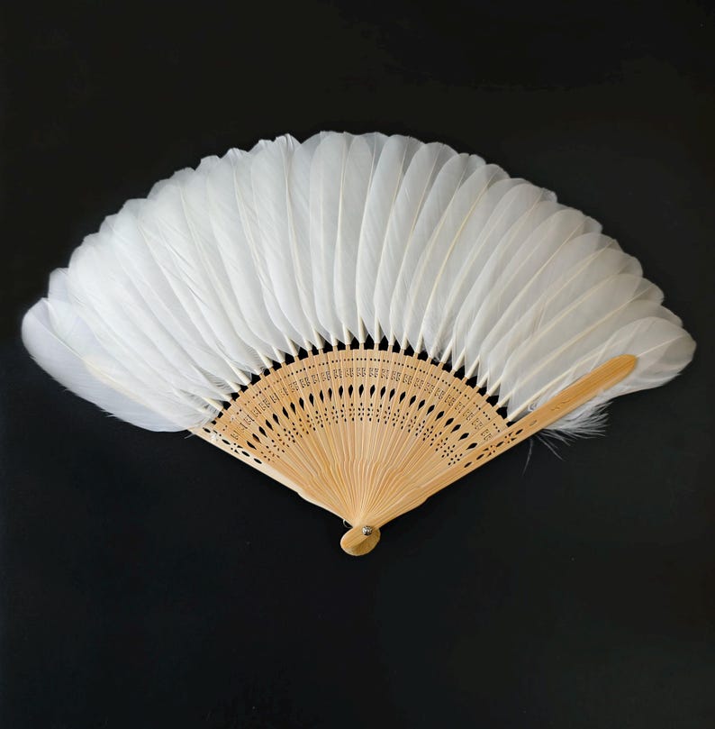 May include: A white feather fan with a light brown wooden frame. The fan is open, showing the arrangement of white feathers. The wooden frame has a decorative, open-cut design. The fan is set against a black background.