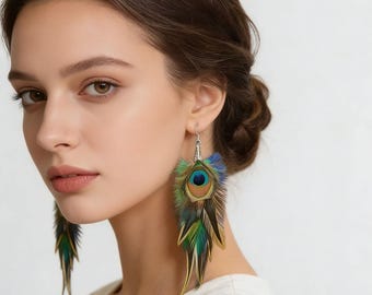 Peacock green feathers earring with silver hook, party Earrings , Real Feather Earrings: Handmade Boho Style Emu & Rooster Feather Jewelry