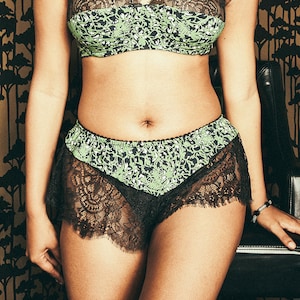 Surrender Tap Pants - Lace & Vintage Rayon Green Vine Print Flutter Sleep Shorts