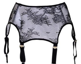 Black Chantilly Lace Garter Belt Vintage Style Sheer