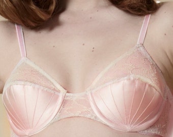 Pink Bullet Bra in Cotton Candy Pastel & Cream Underwire Mermaid Deco Stitching