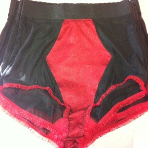 Red & Black High Waist Knickers Panty Vintage Style Lingerie Silk Lace