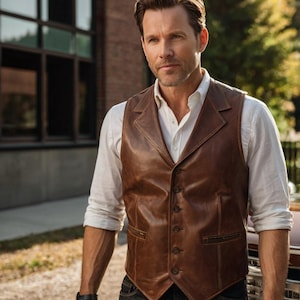 Handmade Original Brown Leather Vest for Men&#39;s | Western Leather Vest| Biker Leather Vest | Sleeveless Jacket for Men| Classic Vest for Men