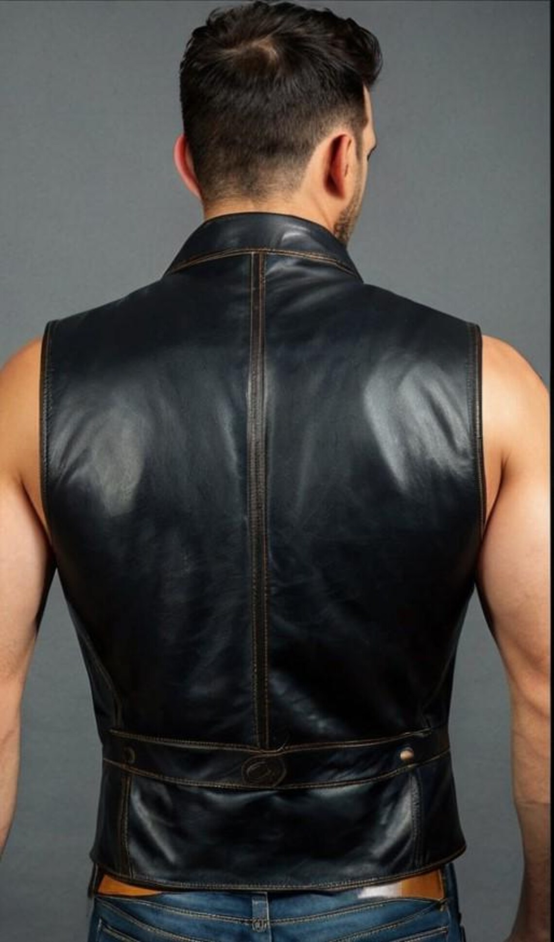 Mens Black Plain Real Leather Vest