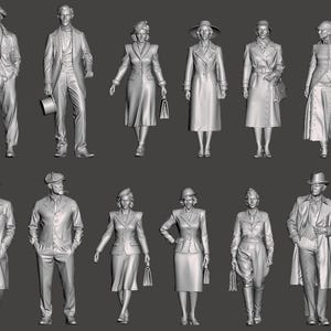 以下が含まれることがあります： ヴィンテージ衣装の人々を描いた、グレースケール3Dレンダリングされたフィギュアのコレクション。フィギュアには、スーツやコートを着た男性、ドレスやコートを着た女性が含まれており、歴史的またはレトロなテーマを示唆しています。