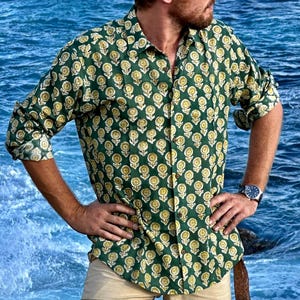 Chemise Homme Coton imprimée à la main au block de bois
