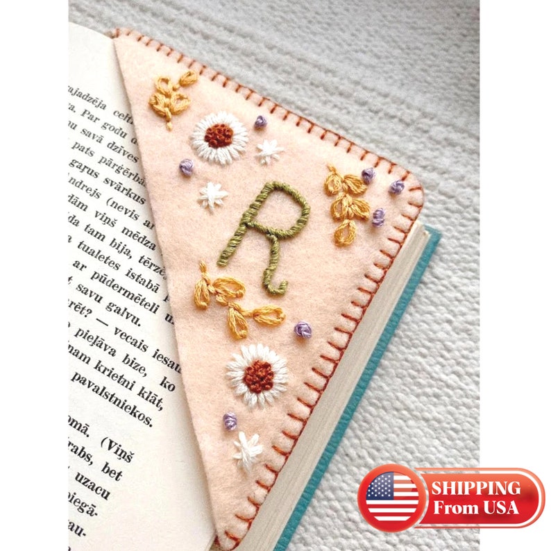 Personalized Hand Embroidered Corner Bookmark Felt Triangle Etsy