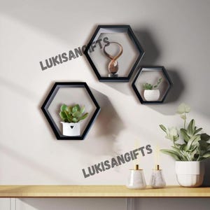 Set Of 3 Hexagon Shelves | Honeycomb Shelves | Wall Mounted Shelves | Crystal Display Shelves , Wood Hexagon Shelf | Plant Shelf