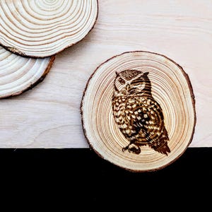 Elegant Owl Burned Wooden Coasters with a Natural BeesWax Finish - Ideal Gift for Bird and Nature Enthusiasts - Forest Animal Wooden Coaster