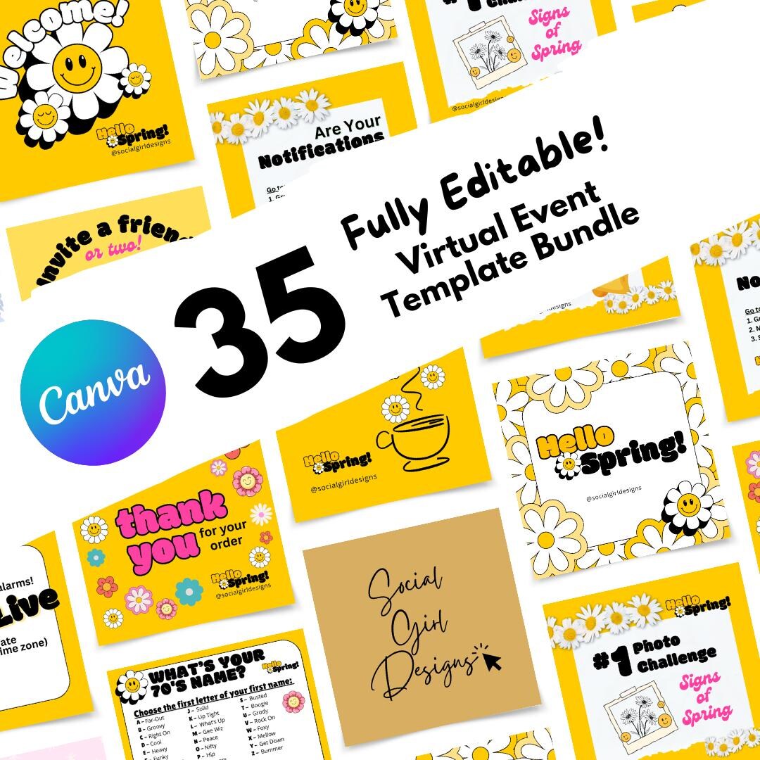 Hello Spring Social Media Templates | Retro Yellow Canva Designs ...