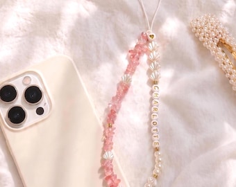 Personalized Rose Quartz Phone Strap, Pearl Phone Charms, Phone Accesories