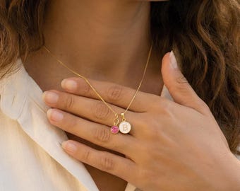 Custom Initial Birthstone Necklace: Gold Letter Necklace, Minimalist Necklace, Valentine's Necklace