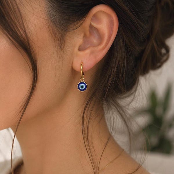 Hoop Evil Eye Earring, Gold Charm Earring, Minimalist Earring