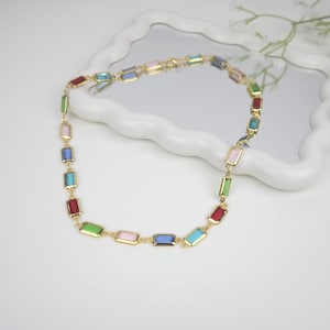 Multicolor Necklace, Gemstone Necklace, Tennis Necklace, Colorful Necklace, Cz Chain Necklace, Baguette Necklace