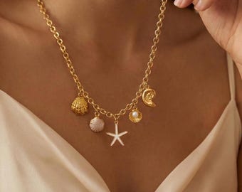 Personalized Gold Charm Necklace, Starfish, Shell, Pearl
