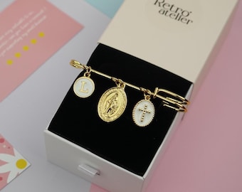 Custom Virgin Mary Charm Pin, Gold Plated Initial, Baptism Gift