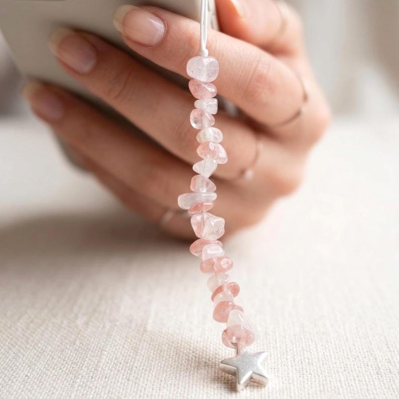 Rose Quartz Gemstone, Phone Strap Chain, Beaded Phone Lanyard, Handmade Phone Charm image 2
