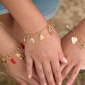 May include: Three gold-tone chain bracelets featuring various charms. One bracelet has a red chili pepper and ballet slipper charms. Another features seashell and pearl charms. The third bracelet displays a pink heart and a gold balloon dog charm.