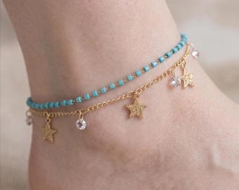 Gold Star Anklet, Turquoise Stone, Summer Charm Anklet, Minimal Anklet