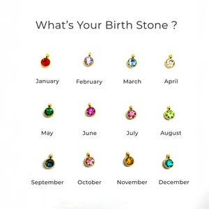 Puede incluir: Un fondo blanco muestra doce colgantes dorados, cada uno con una piedra preciosa de diferente color. El texto "What's Your Birth Stone?" est&aacute; en la parte superior, con los meses etiquetados debajo.