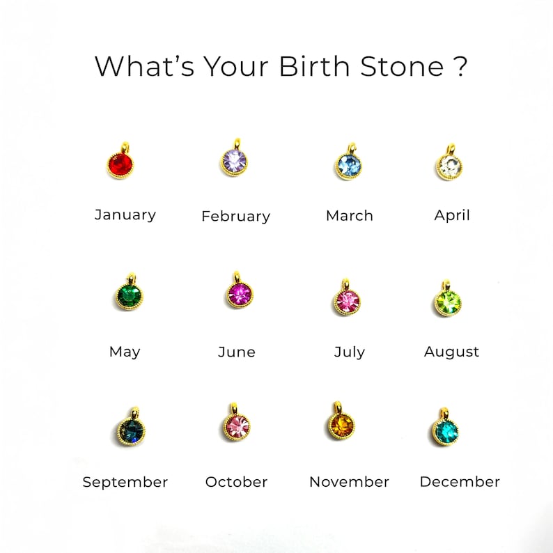 Puede incluir: Un fondo blanco muestra doce colgantes dorados, cada uno con una piedra preciosa de diferente color. El texto "What's Your Birth Stone?" est&aacute; en la parte superior, con los meses etiquetados debajo.
