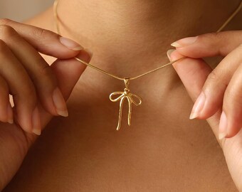 Gold Bow Necklace, Ribbon Necklace, Gold Bow Tie, Dainty Necklace, Bow Charm, Everyday Necklace