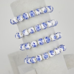Blue Flower Bracelet, Beaded Bow Bracelet, Blue Porcelain Bracelet, Chinoiserie Bead, Coquette Bracelet