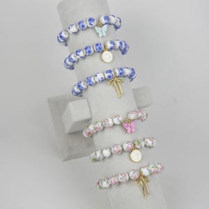 Bow Charm Bracelet, Blue Porcelain Bracelet, Beaded Bow Bracelet, Blue Flower Bracelet, Chinoiserie Bead, Coquette Bracelet