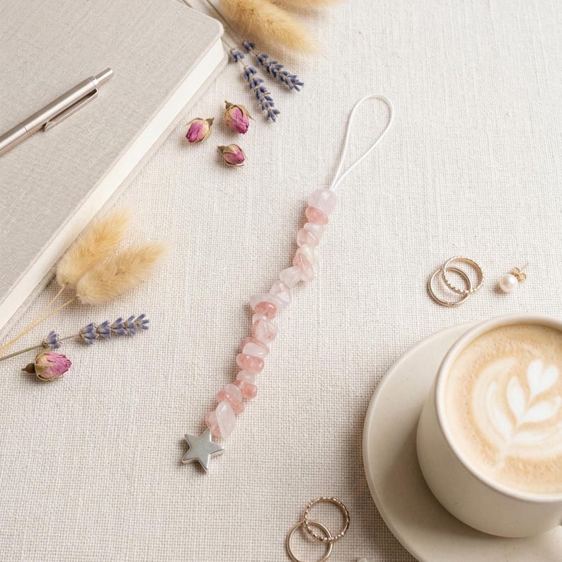 Rose Quartz Gemstone, Phone Strap Chain, Beaded Phone Lanyard, Handmade Phone Charm image 6