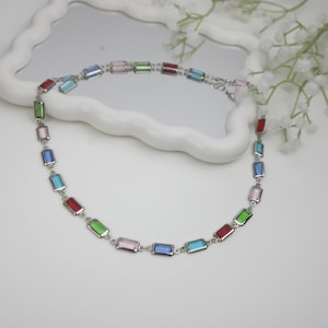 Silver Cz Chain Necklace, Multicolor Necklace, Silver Necklace, Gemstone Necklace, Tennis Necklace, Colorful Necklace, Layering Necklace