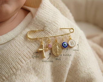 Regalo de bautismo personalizado: Pin personalizado, Pin de bebé, Bebé niño, Recuerdo de bebé, Pin de mal de ojo, Imperdible