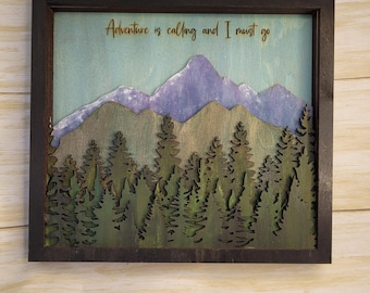 Adventure Is Calling Wall Art | Layered Wood Mountain Sign | Nature Nursery Decor | Rustic Forest Wall Art | Cabin Lodge Home Decor