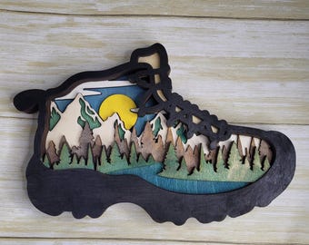 Hiking boot layered wood. Graduation adventure gifts hiking hiker mountains trails birthday