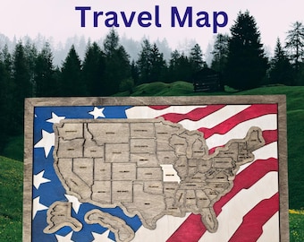USA TRAVEL MAP. Layered Map interactive travelers vacation states flag wooden