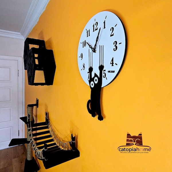 Sliding Cat Wall Clock: Funny Wooden Cat Decor