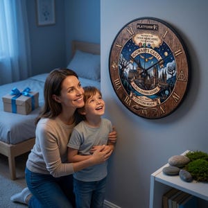 May include: A round wall clock with a wood-grain finish featuring a Hogwarts Castle illustration, Roman numerals, and text including Platform 9 3/4, Property of [Your Name Here] [Your House], Hogwarts Castle, Albus Dumbledore, and Est. 1997.
