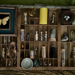 Op de afbeelding: Een houten letterbak gevuld met diverse curiosa. Items zijn onder meer een ingelijste vlinder, kleine glazen flesjes, een vogelnest met eieren, een gele kaars, kristallen en andere decoratieve objecten. De opstelling heeft een vintage, eclectische esthetiek.