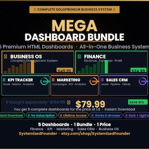 May include: A digital graphic promoting a "MEGA DASHBOARD BUNDLE" for solopreneurs. The image showcases five HTML dashboards: Business OS, Finance, KPI Tracker, Marketing, and Sales CRM. The bundle is offered at $79.99, with a 41% savings.