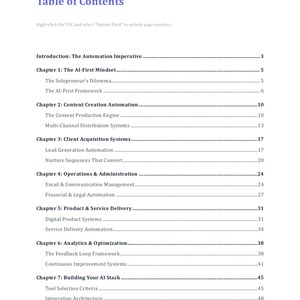 Pu&ograve; includere: Un documento bianco con un'intestazione blu che recita "Table of Contents". Il documento elenca capitoli e sottotemi, tra cui "The Al-First Mindset" e "Content Creation Automation". Il testo &egrave; nero su sfondo bianco.