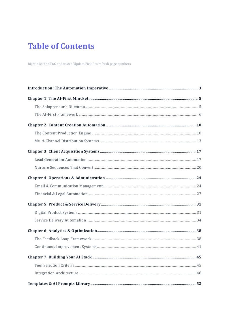Pu&ograve; includere: Un documento bianco con un'intestazione blu che recita "Table of Contents". Il documento elenca capitoli e sottotemi, tra cui "The Al-First Mindset" e "Content Creation Automation". Il testo &egrave; nero su sfondo bianco.