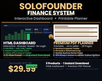 Sistema financiero SoloFounder / Panel de control interactivo HTML + Planificador PDF / Seguimiento de KPI de ingresos / Descarga instantánea