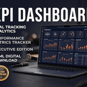 Puede incluir: Un portátil que muestra un panel de control de KPI con visualizaciones de datos. La pantalla muestra gráficos para el seguimiento de objetivos, análisis y métricas de rendimiento. El texto incluye "Executive Edition" y "HTML Digital Download."